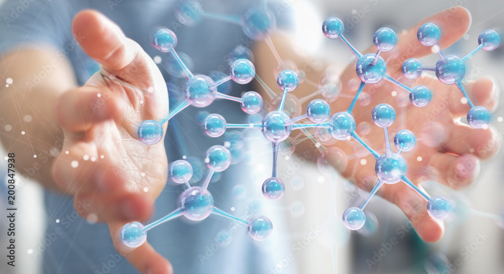 Businessman using modern molecule structure 3D rendering