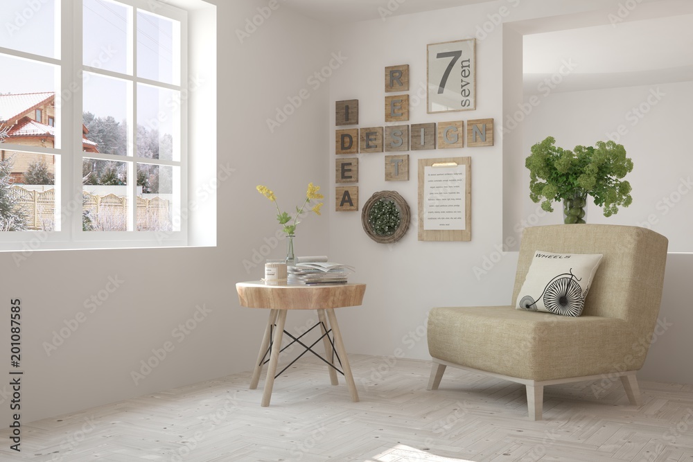 White room with armchair and winter landscape in window. Scandinavian interior design. 3D illustrati