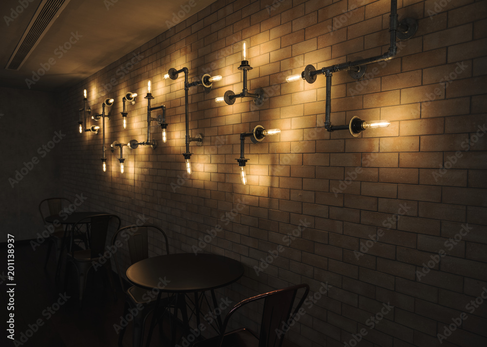 Interior of a cafe with brick walls