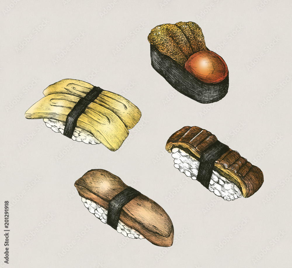 Hand drawn sushi set Japanese food