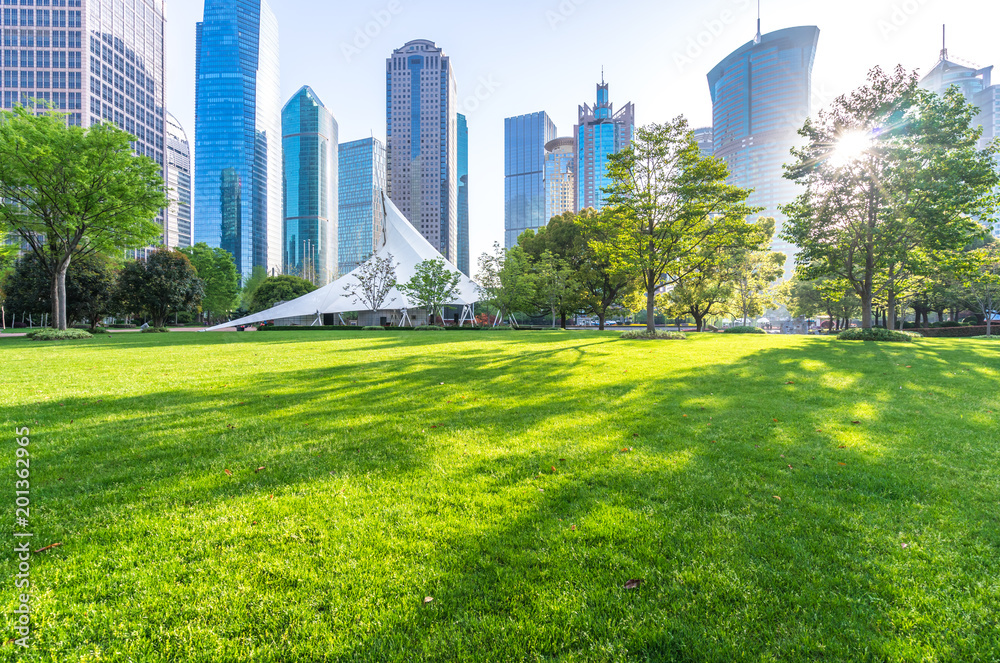 green lawn with modern building in park