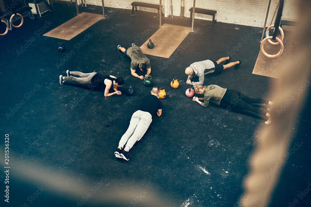 Group of fit people planking together on a gym floor