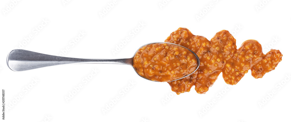 Sweet bavarian mustard with spoon isolated on white background. Top view