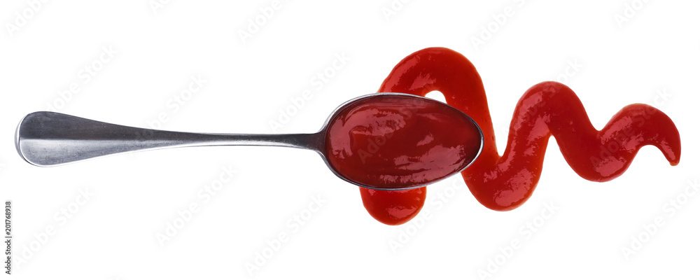 Ketchup. Tomato sauce with spoon isolated on white background. Top view