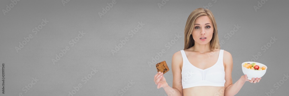 Woman thinking and deciding healthy food and unhealthy food