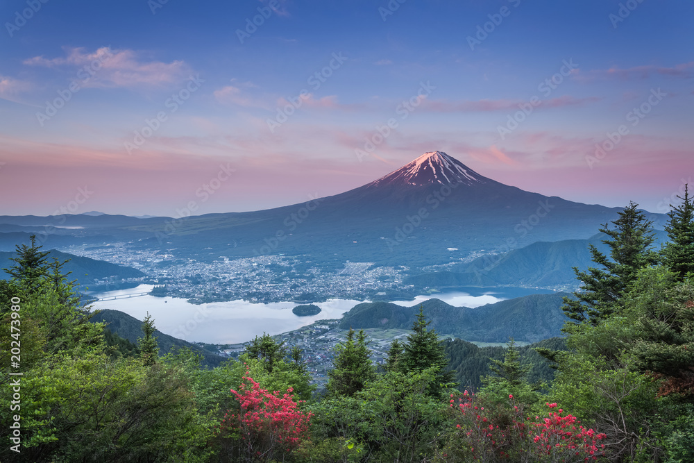 春季日出时富士山和川口湖