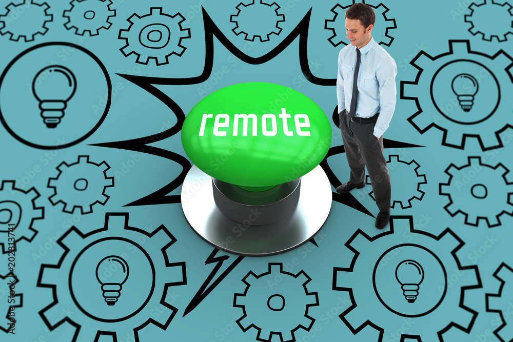 The word remote and happy businessman standing with hands in pockets against digitally generated gre