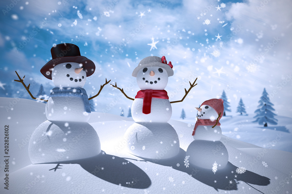 Composite image of snowman family against blue sky with white clouds