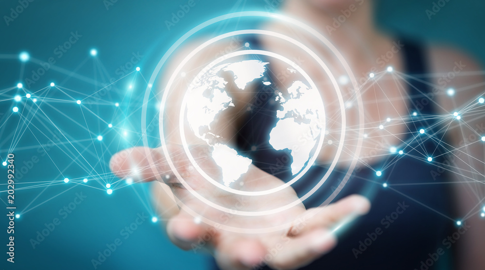 Businesswoman using planet earth network sphere 3D rendering