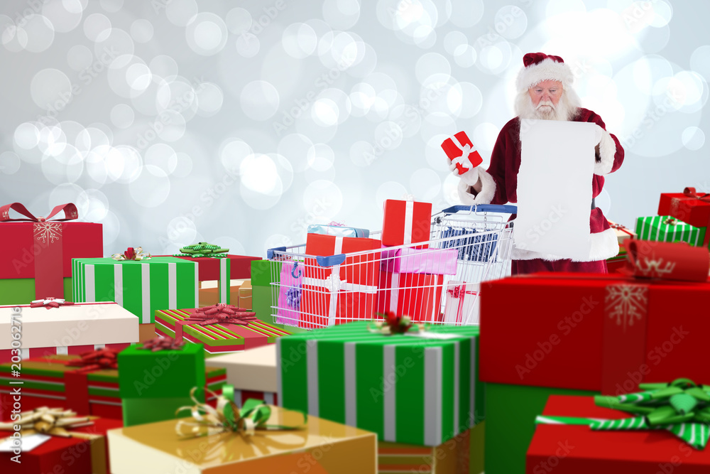 Santa delivering gifts from cart against light glowing dots design pattern