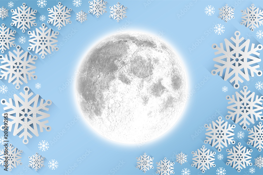 Full moon against snow flake frame design on blue