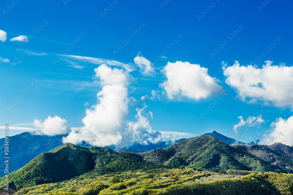 新緑の山と雲