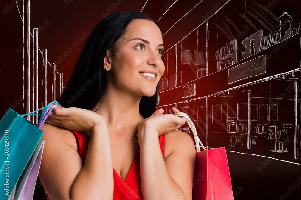 Woman standing with shopping bags against red background with vignette