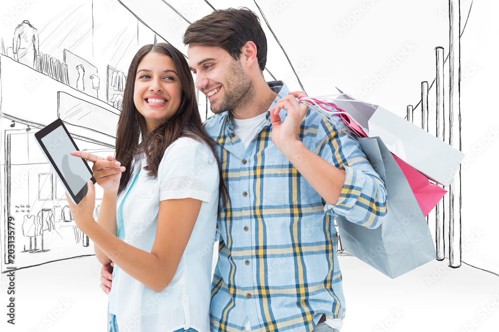 Happy couple with shopping bags against sketch design of a mall