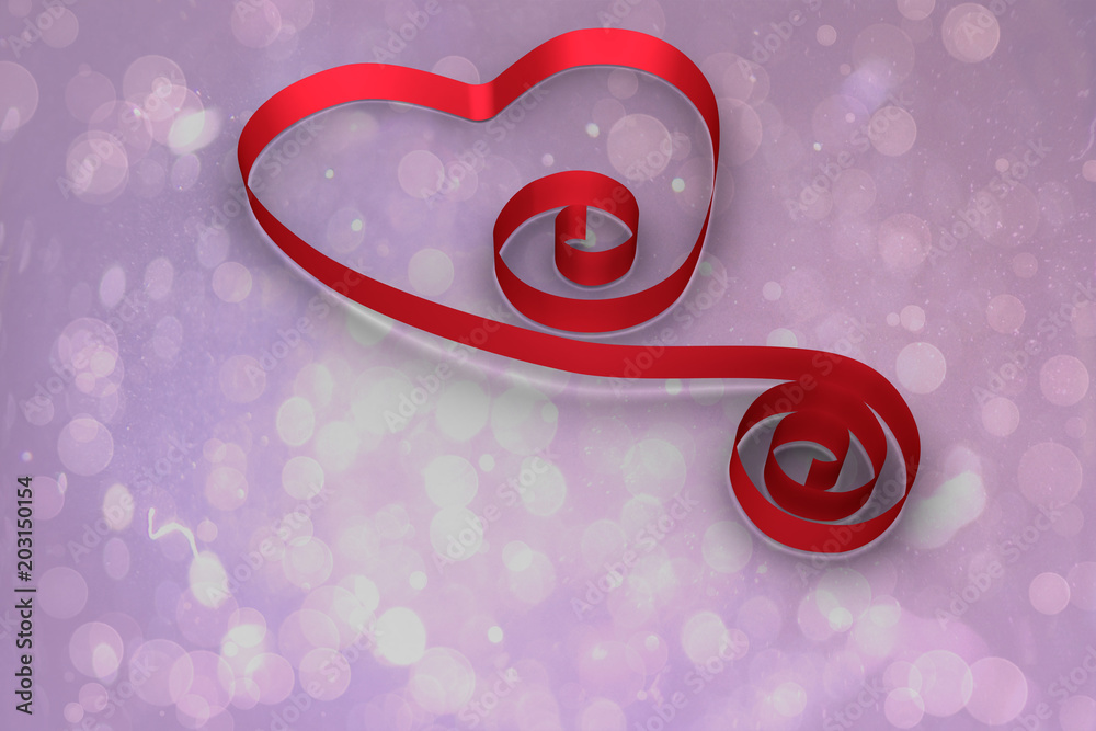 Red ribbon heart against purple abstract light spot design