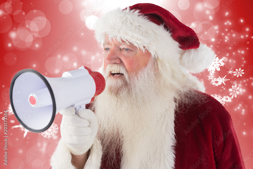 Santa Claus is using a megaphone against red design with white snowflakes