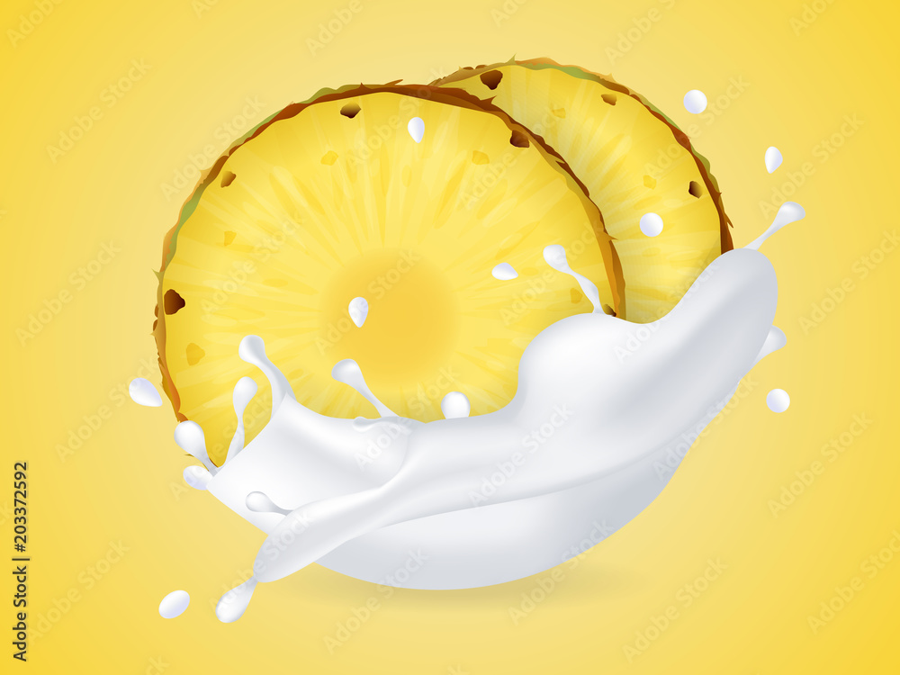 juicy sweet pineapple in milk splash. Milkshake with pineapple. Realistic style. Vector illustration