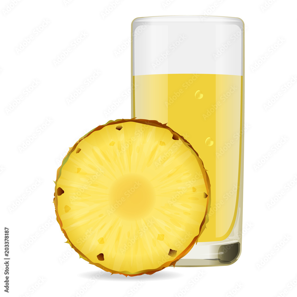 glass of refreshing delicious juice from ripe pineapple. Realistic style. Vector illustration.