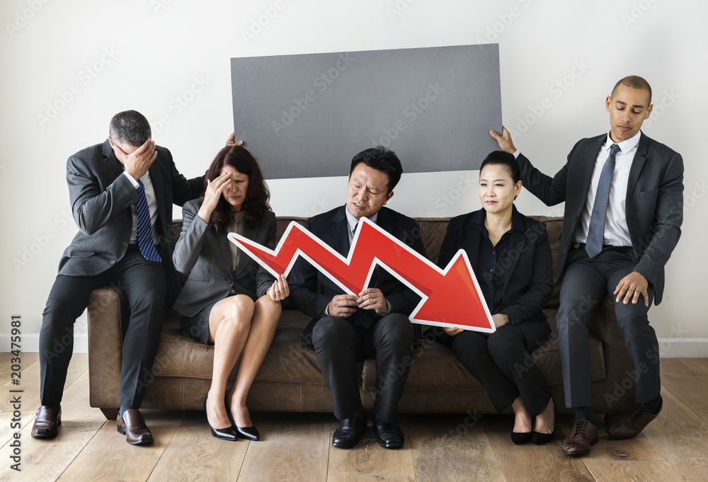 Business people sitting together with statistics icon