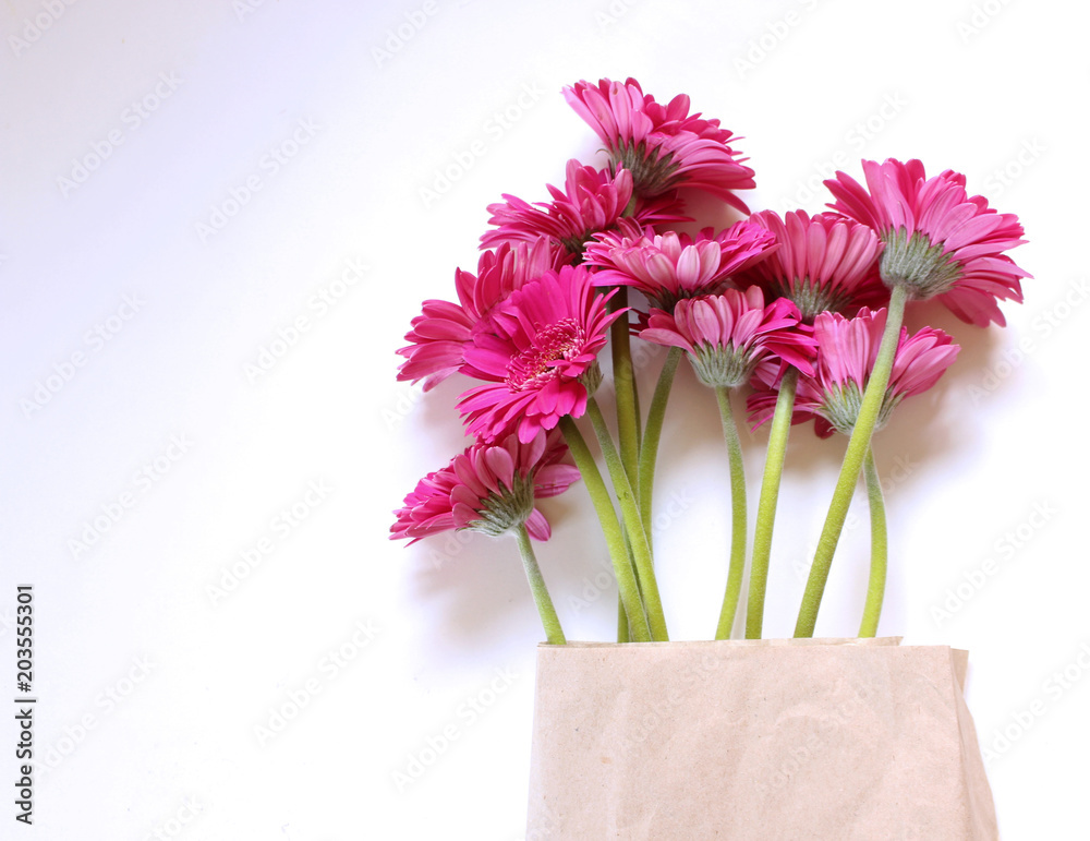 Red gerbera flowers are in the bag, on the white background . The concept of summer, spring, holiday