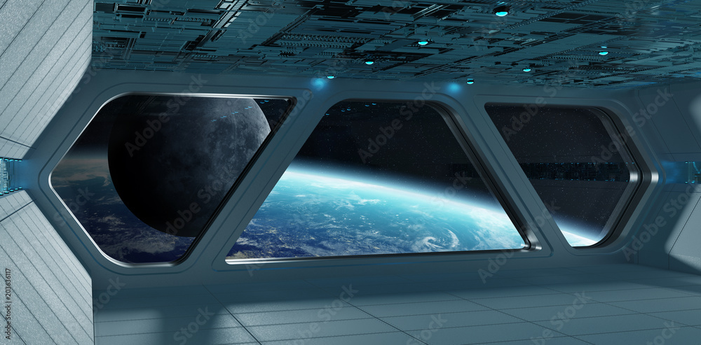 Spaceship futuristic grey blue interior with view on planet Earth