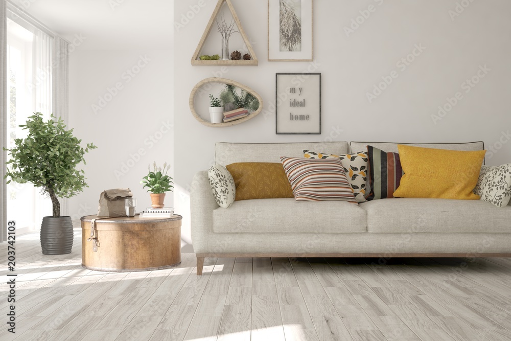 Idea of white minimalist room with sofa. Scandinavian interior design. 3D illustration