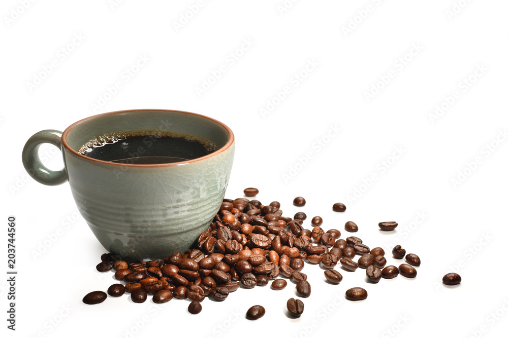 Cup of coffee and coffee beans isolated on white background