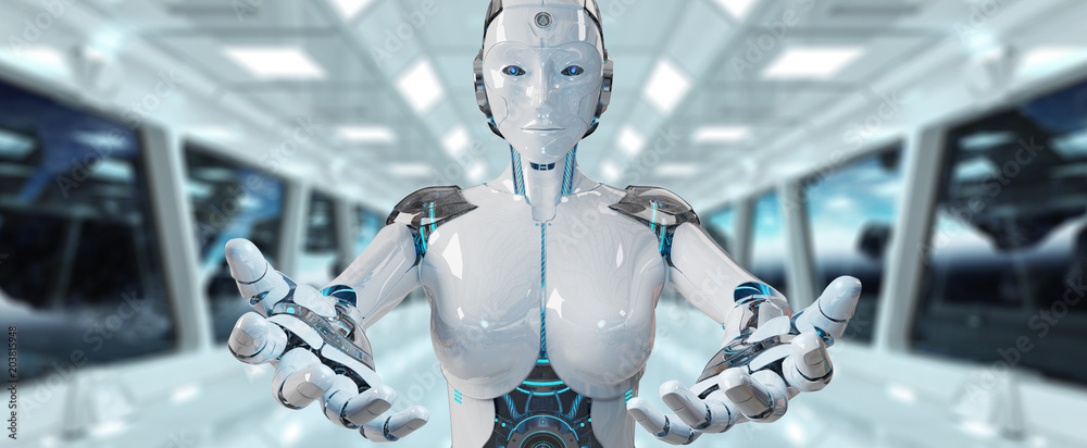 White woman cyborg opening her two hands 3D rendering