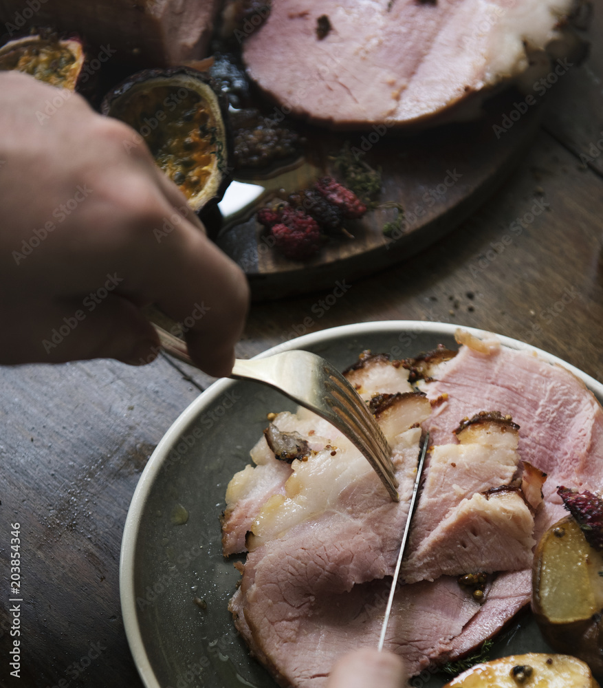 Sliced baked ham food photography recipe idea