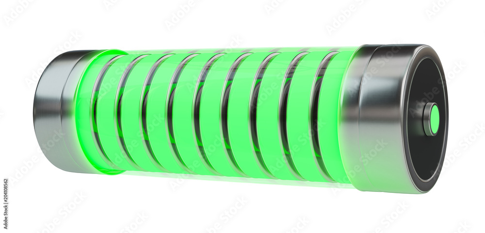 Green battery with lightnings 3D rendering