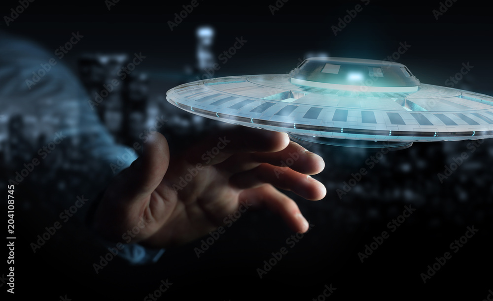 Businessman with retro UFO spaceship 3D rendering