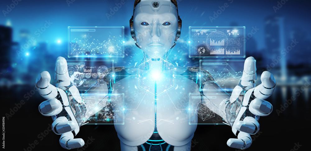 White woman cyborg using digital datas interface 3D rendering