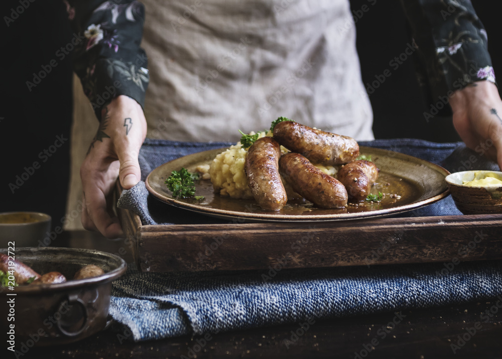 Bangers and mash食物摄影食谱创意