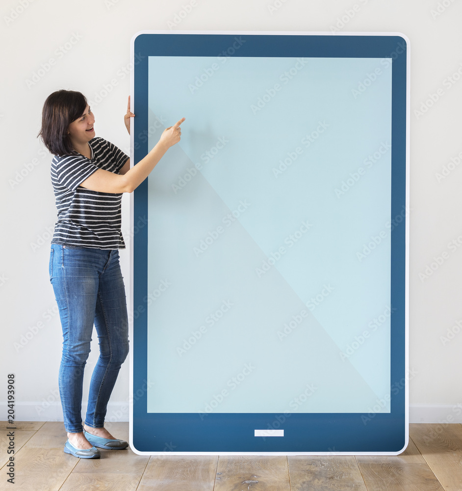 Woman holding a blue tablet mockup