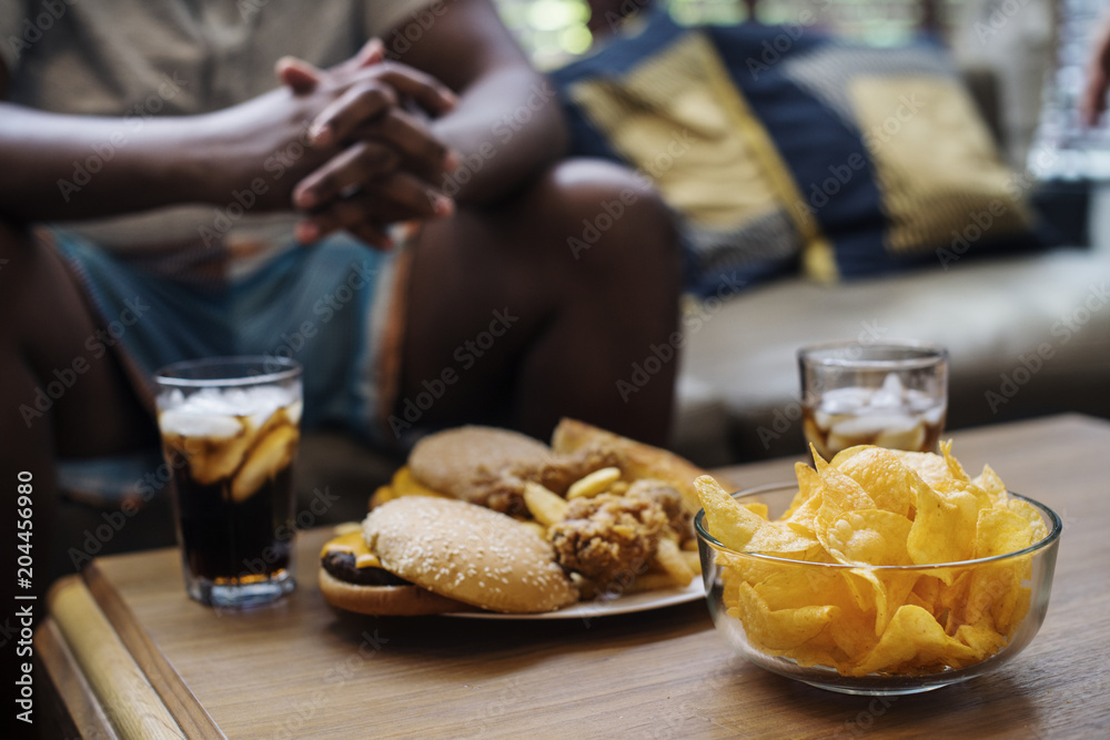 Fast food on a sofa table