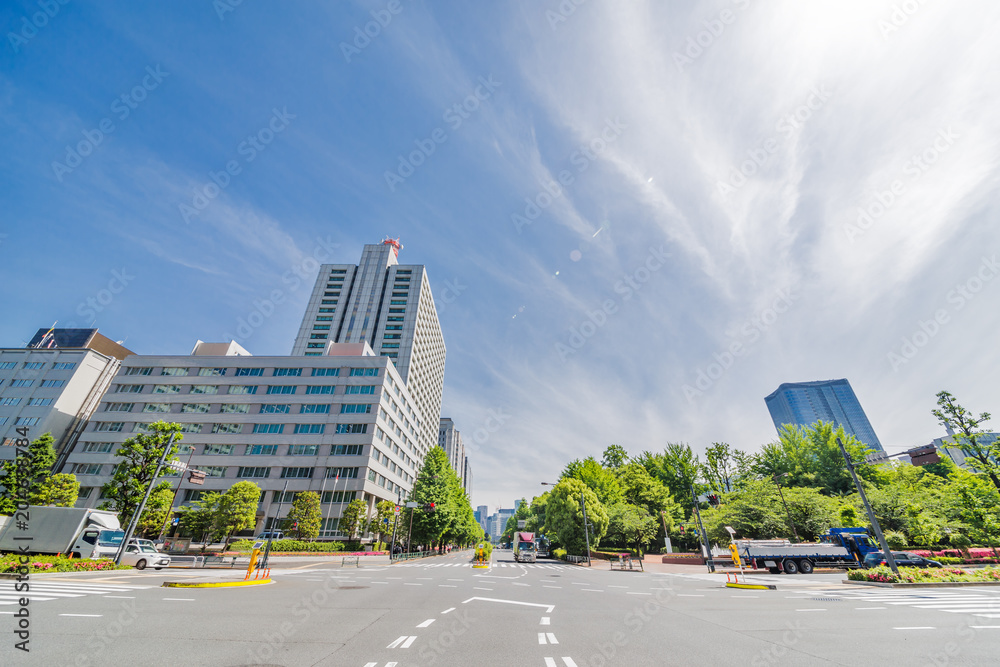 新緑と東京のビル群