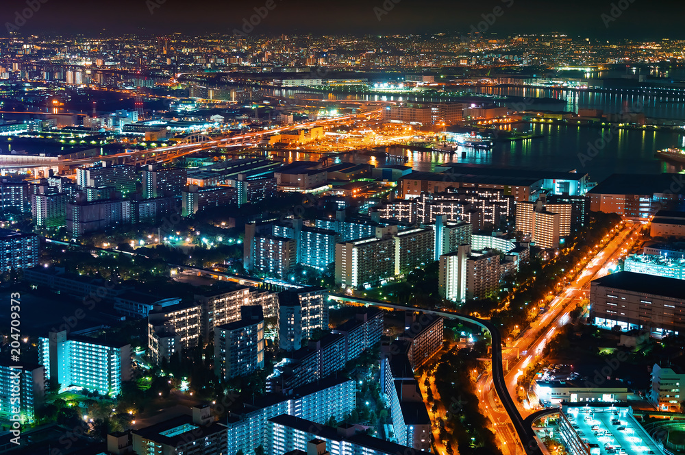 大阪湾港区夜间鸟瞰图