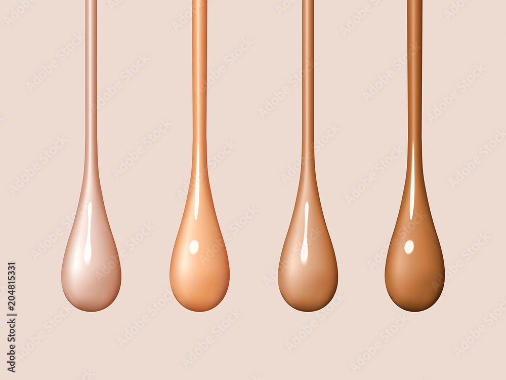 Liquid foundation drops isolated on background. Streams of drops flow. Creamy texture of droplets. D