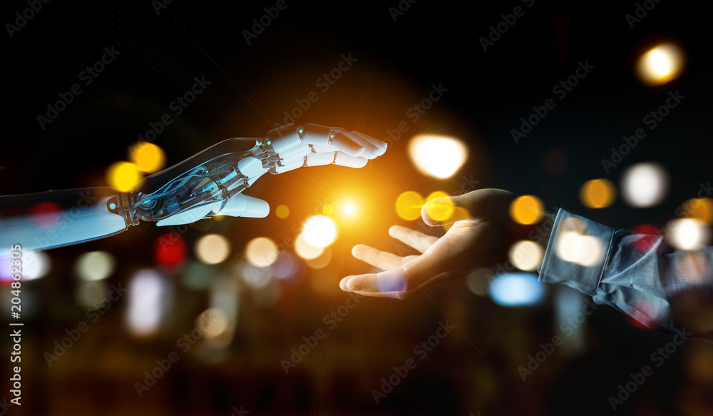 White cyborg hand about to touch human hand 3D rendering