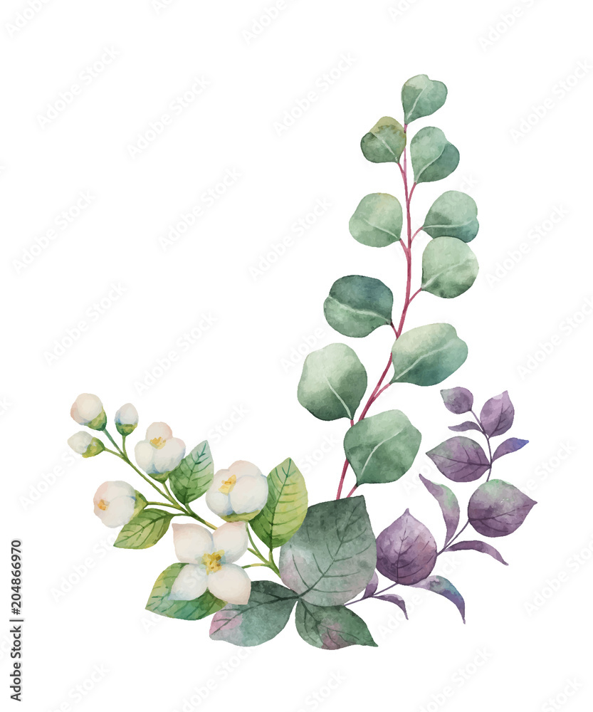 Watercolor vector wreath with green eucalyptus leaves, Jasmine flowers and branches.