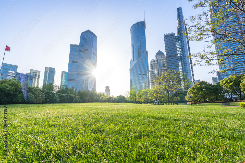 green lawn with modern office building