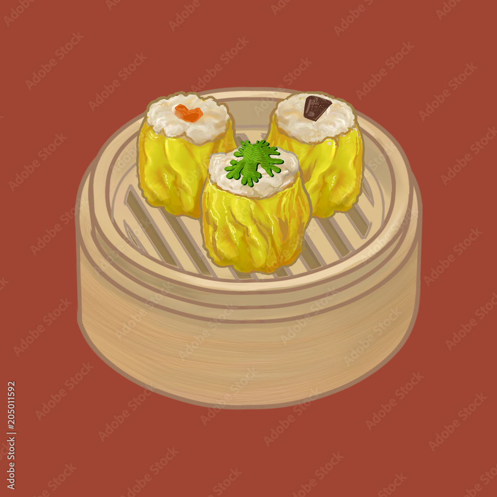 Chinese dumplings in a bamboo steamer illustration