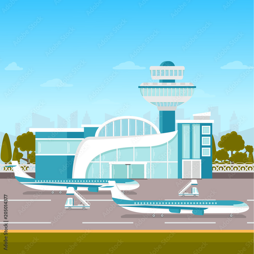 Airport building and airplanes on runway. Modern exterior air terminal.