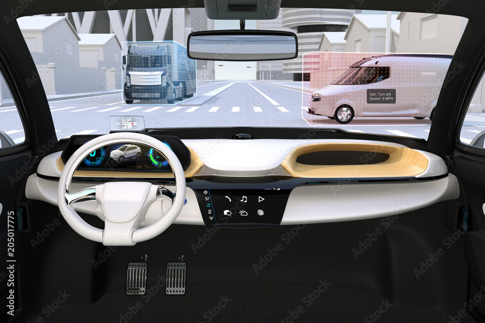 Autonomous vehicle interior. Head up display shows traffic information. 3D rendering image.