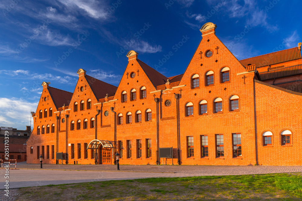 Beautiful architecture of the old town in Gdansk at sunrise, Poland.