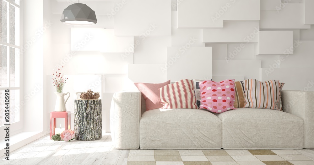 Idea of white minimalist room with sofa. Scandinavian interior design. 3D illustration