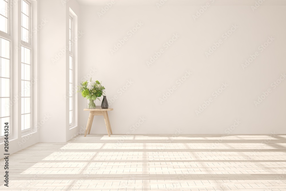 White empty room. Scandinavian interior design. 3D illustration