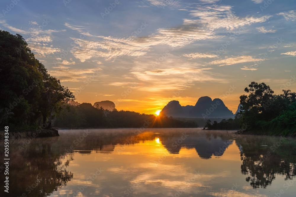 Scenic view of morning sunrise at Nong Thale village , Krabi province, Thailand.