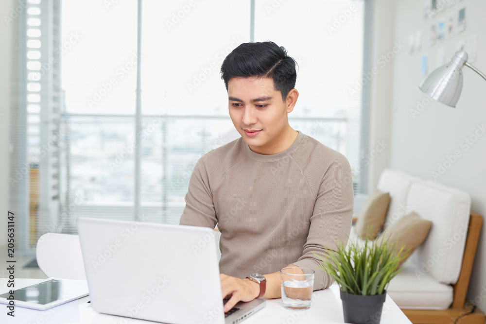 Portrait of a casual smiling young man using laptop at home