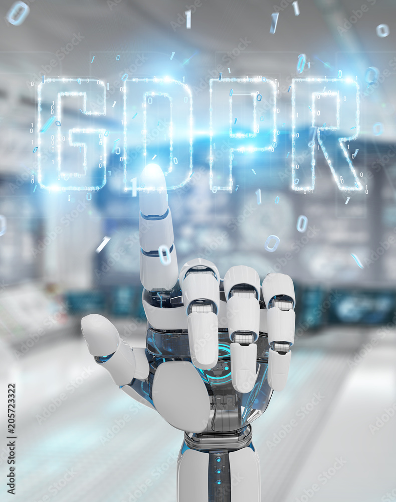 White cyborg hand using digital GDPR interface 3D rendering